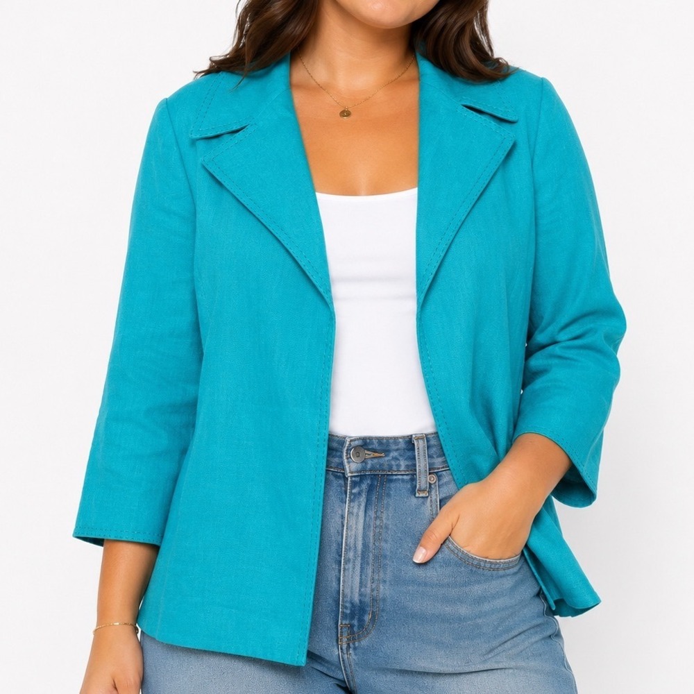 Kasper Petite 2P 100% Linen Blazer Jacket Turquoise Office Coastal Old Money